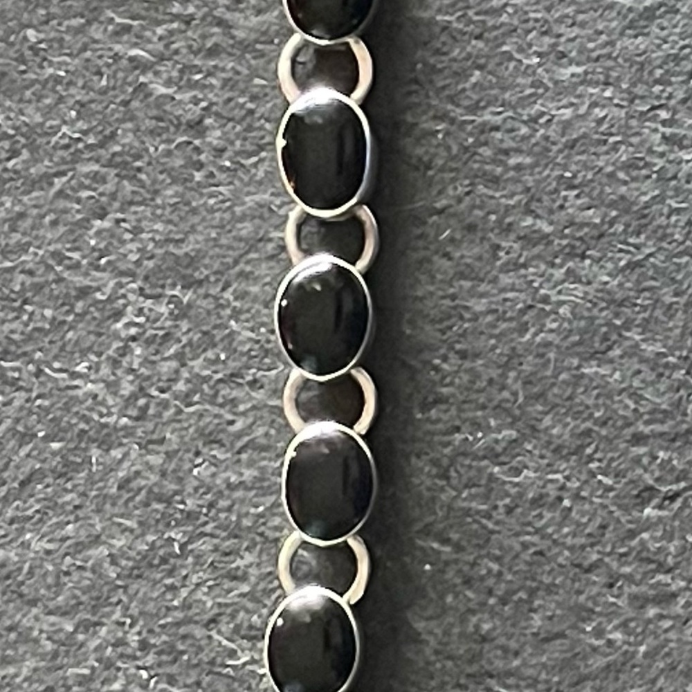 Vintage Handmade Sterling Silver Taxco Onyx Chain Link Toggle Bracelet, 7” 26.5g